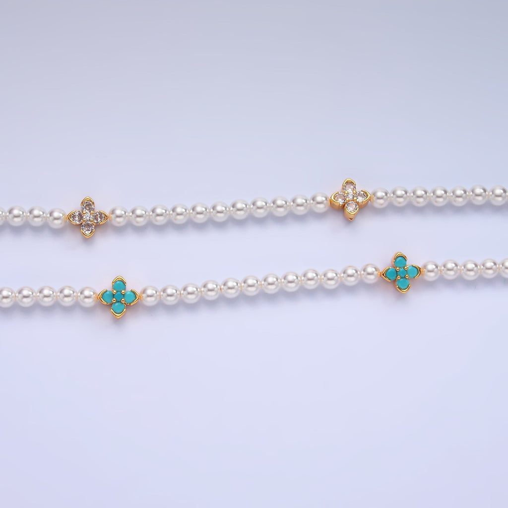 24K Gold plated Clear, Turquoise Flower Shell Pearl 17 Inch Necklace | WA-3072 WA-3073