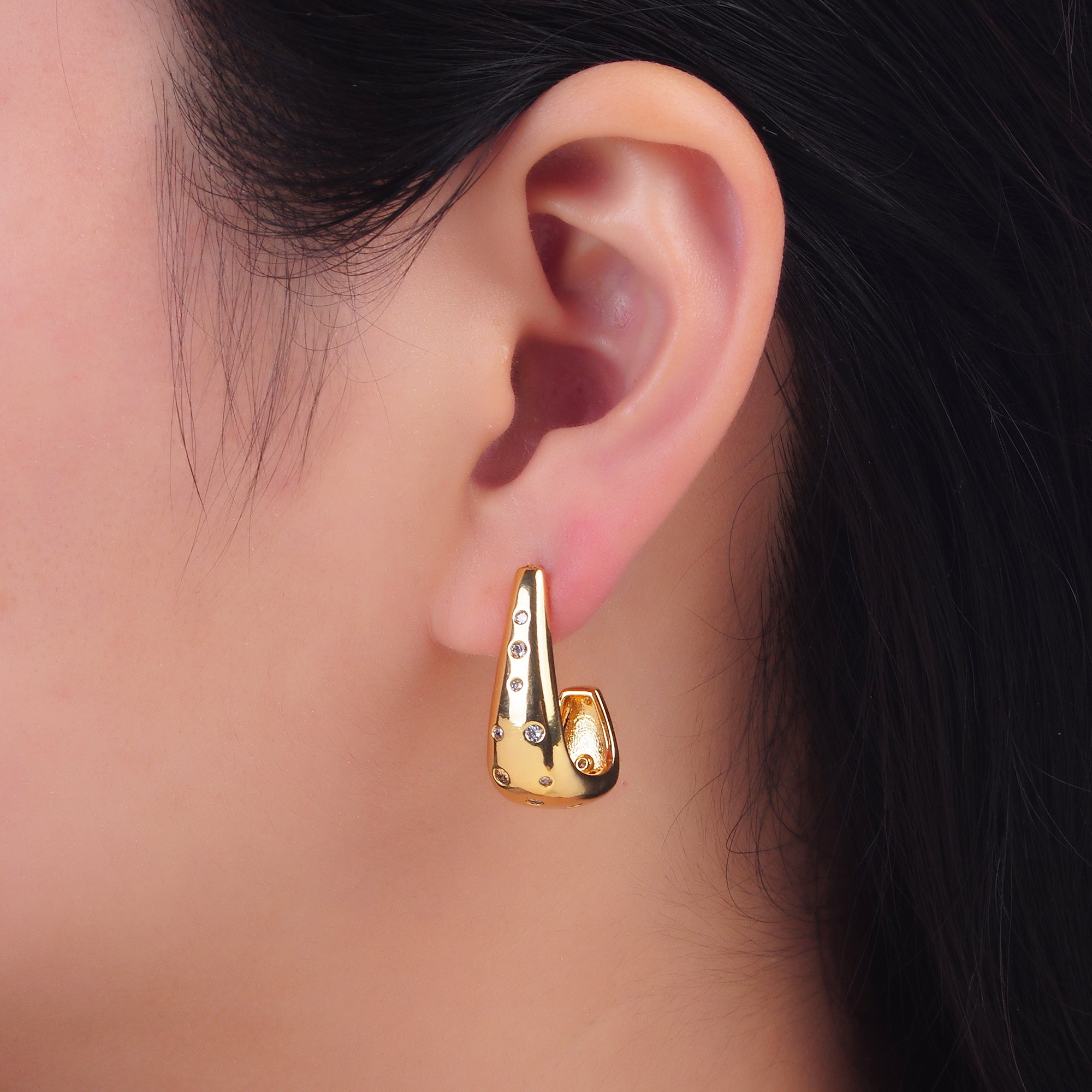 24K Gold plated 25mm Clear CZ Dotted J-Shaped Hoop Earrings | AD200