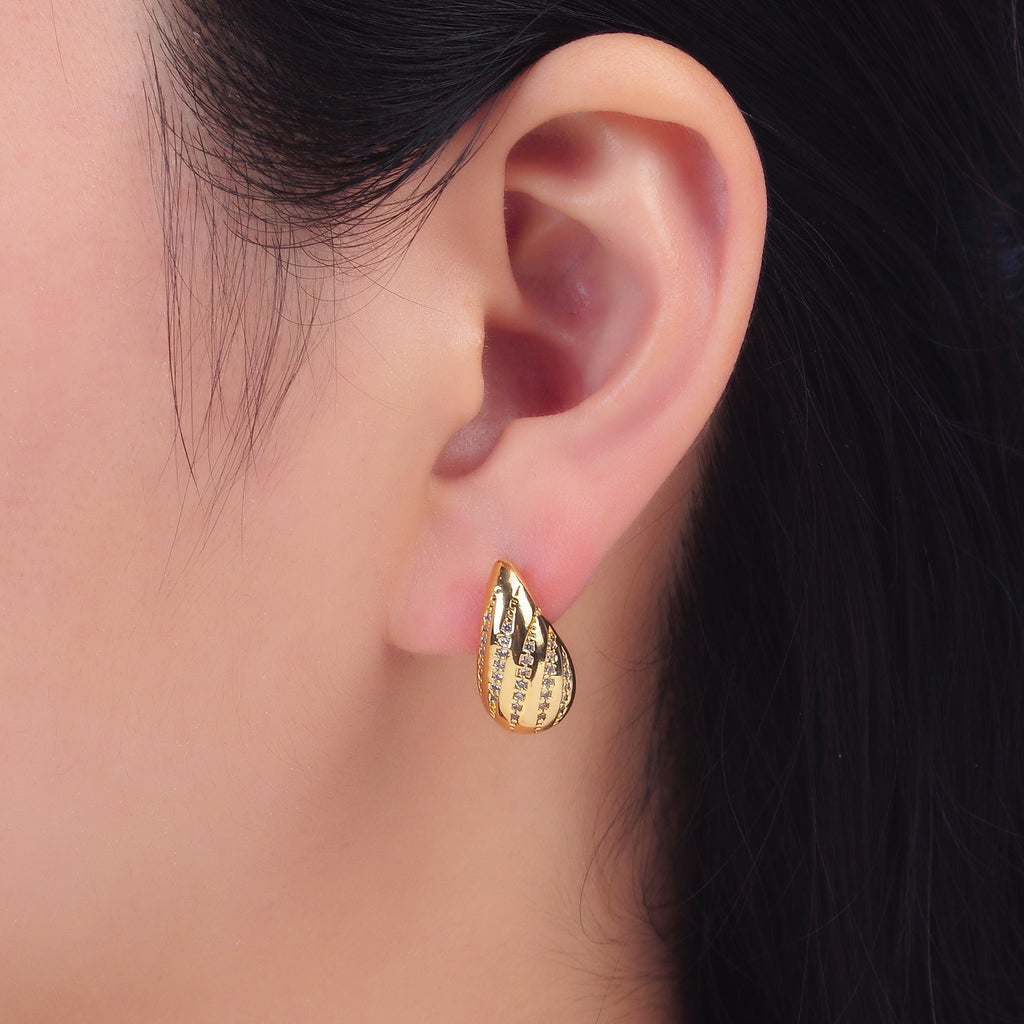 24K Gold plated Linear Micro Paved CZ Teardrop Dome Hoop Stud Earrings | AD212
