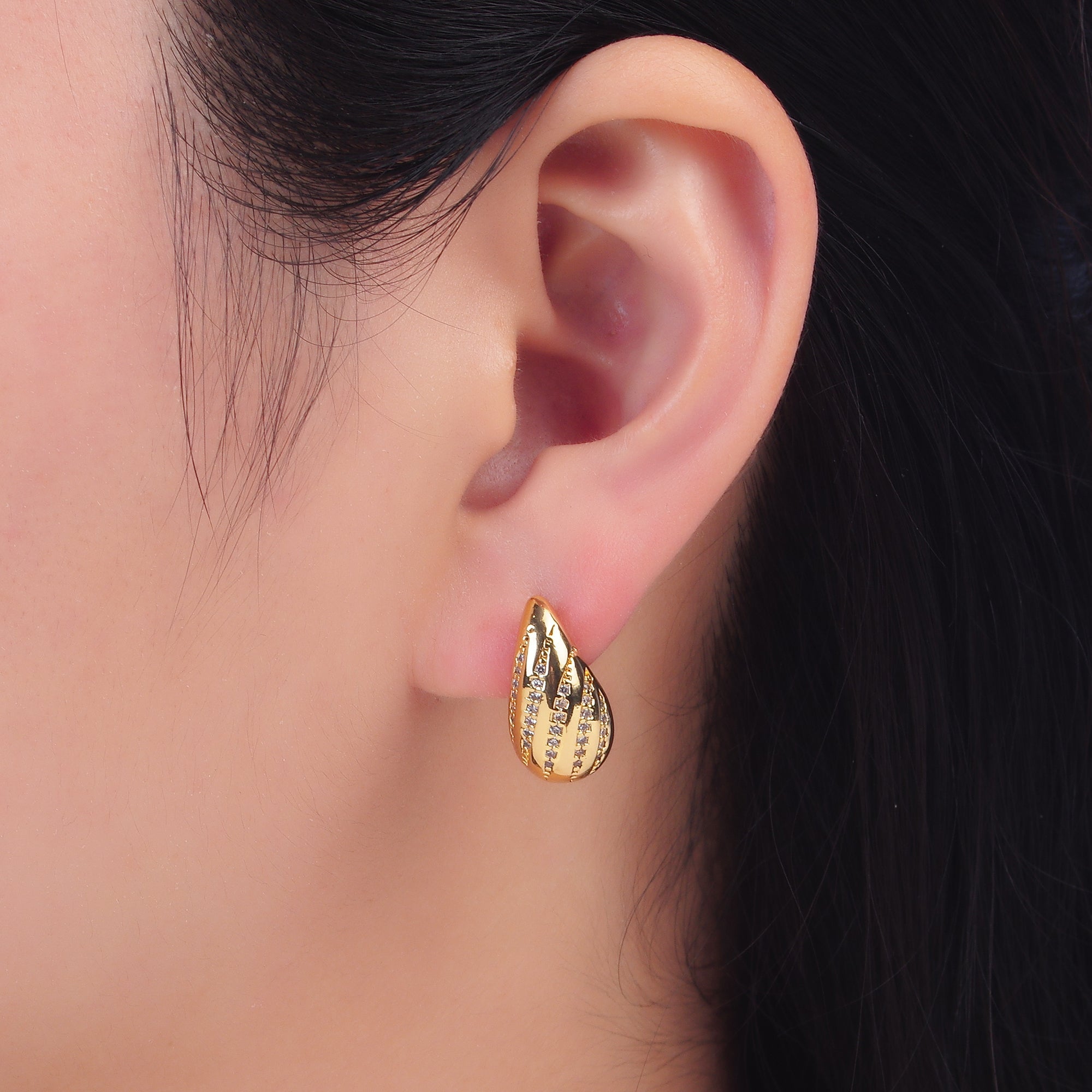 24K Gold plated Linear Micro Paved CZ Teardrop Dome Hoop Stud Earrings | AD212