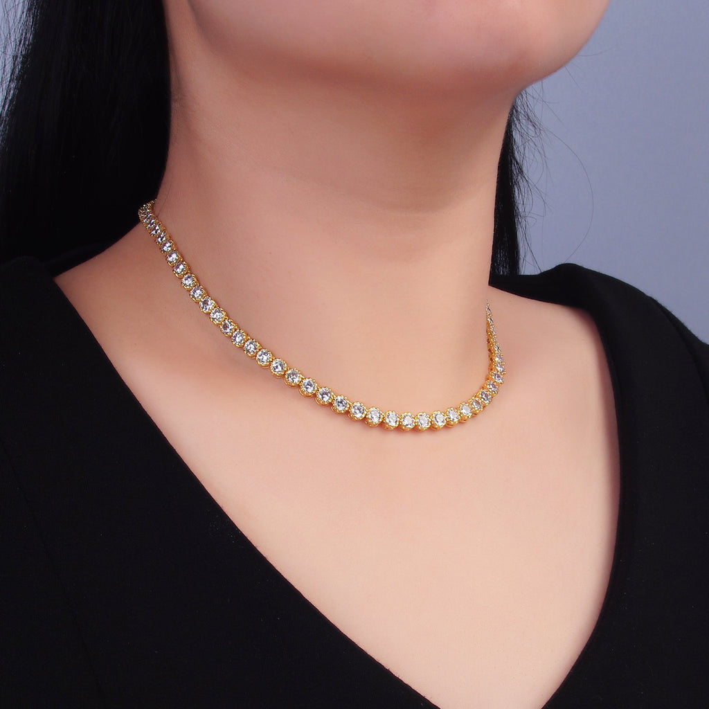 24K Gold plated Round CZ Encapsulate Tennis Chain 16 Inch Necklace in Gold & Silver | WA-3025 WA-3026