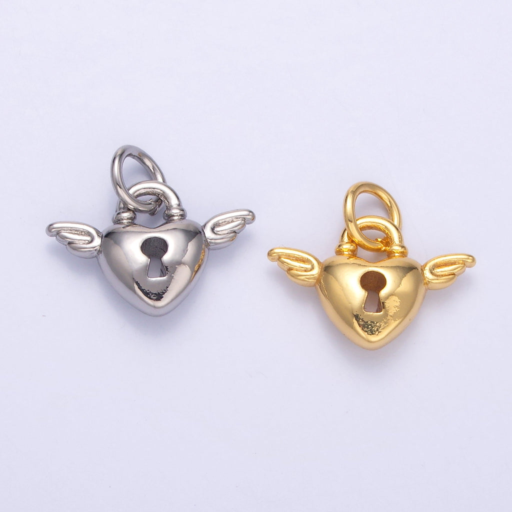 24K Gold plated Padlock Heart Wings Charm in Gold & Silver | N070