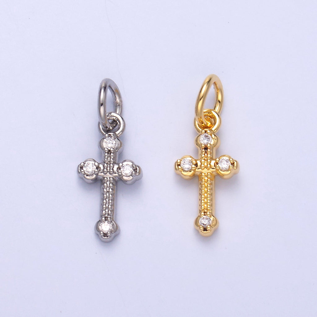 24K Gold plated CZ Dotted Religious Cross Charm in Gold & Silver | N007
