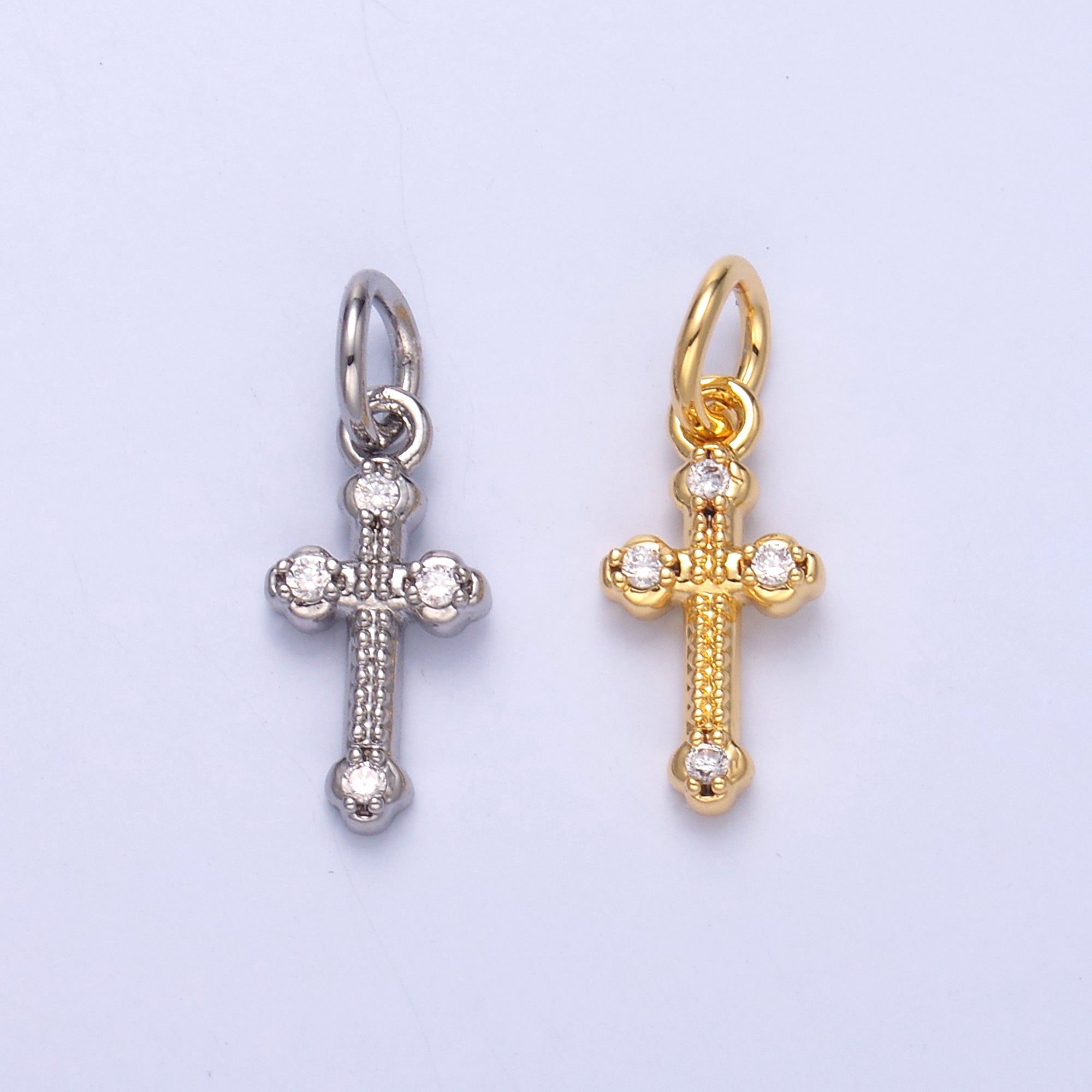 24K Gold plated CZ Dotted Religious Cross Charm in Gold & Silver | N007