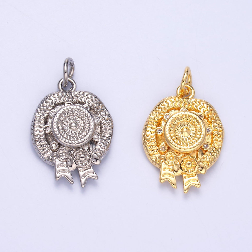 24K Gold plated Clear CZ Flower Woven Beach Hat Charm in Gold & Silver | N015
