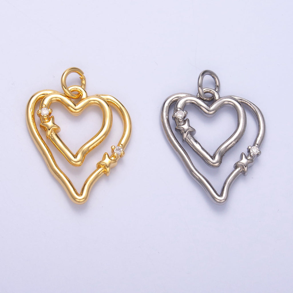 24K Gold plated CZ Star Heart Double Band Charm in Gold & Silver | N016