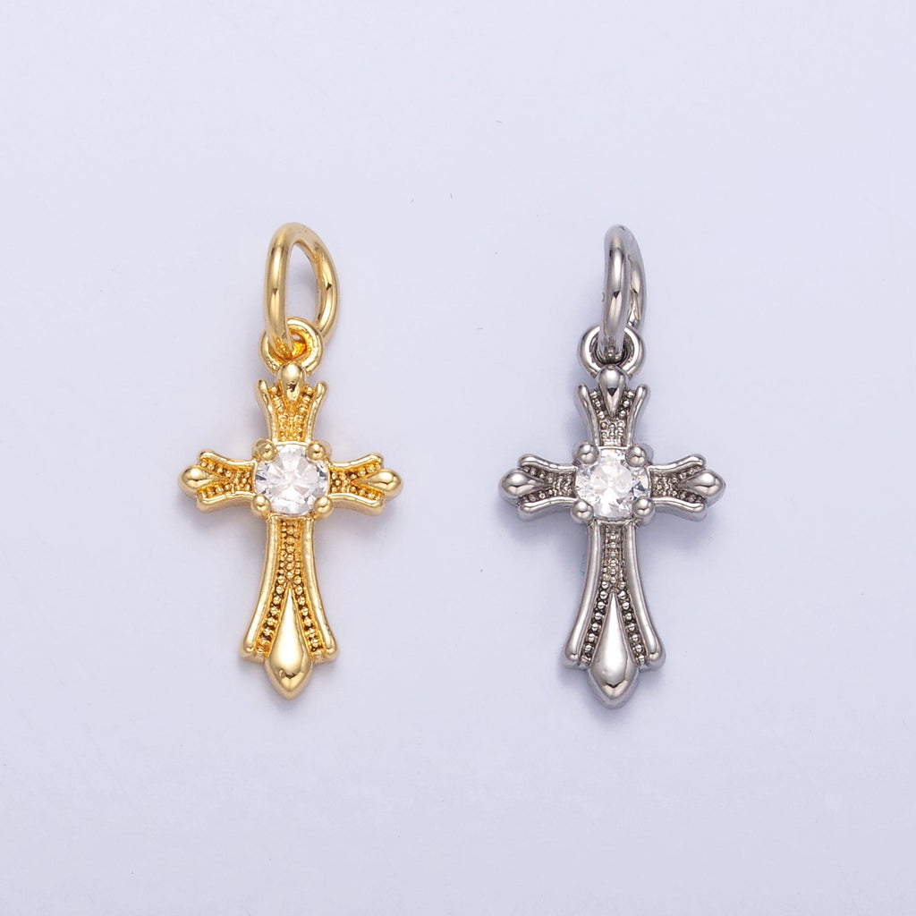 24K Gold plated CZ Fleur Cross Religious Charm in Gold & Silver | N002