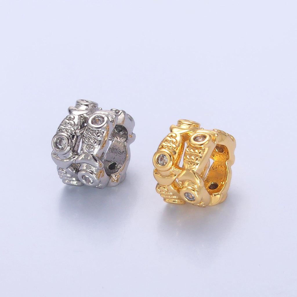 24K Gold plated Double Fish Clear CZ Rhondelle Bead in Gold & Silver | B646
