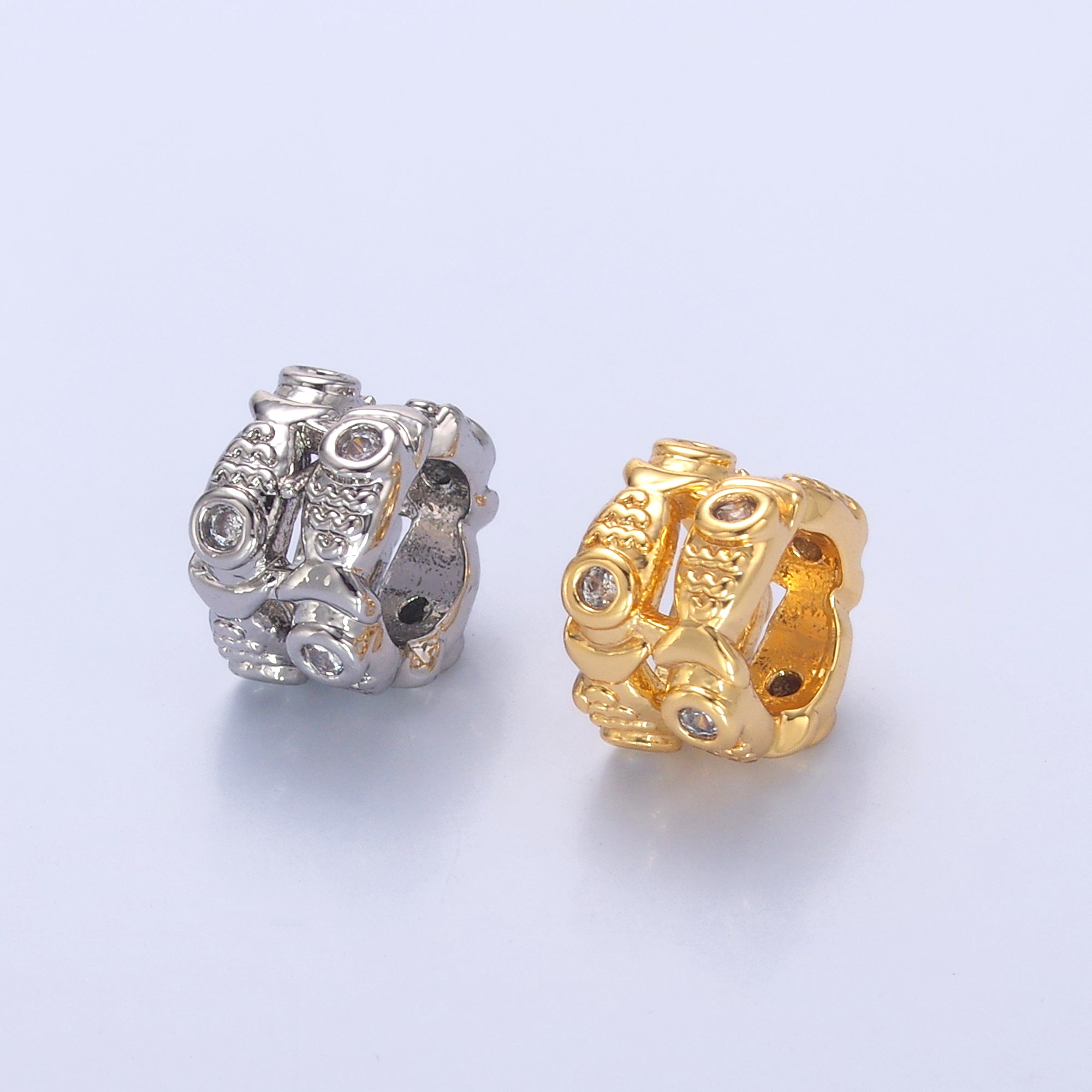 24K Gold plated Double Fish Clear CZ Rhondelle Bead in Gold & Silver | B646