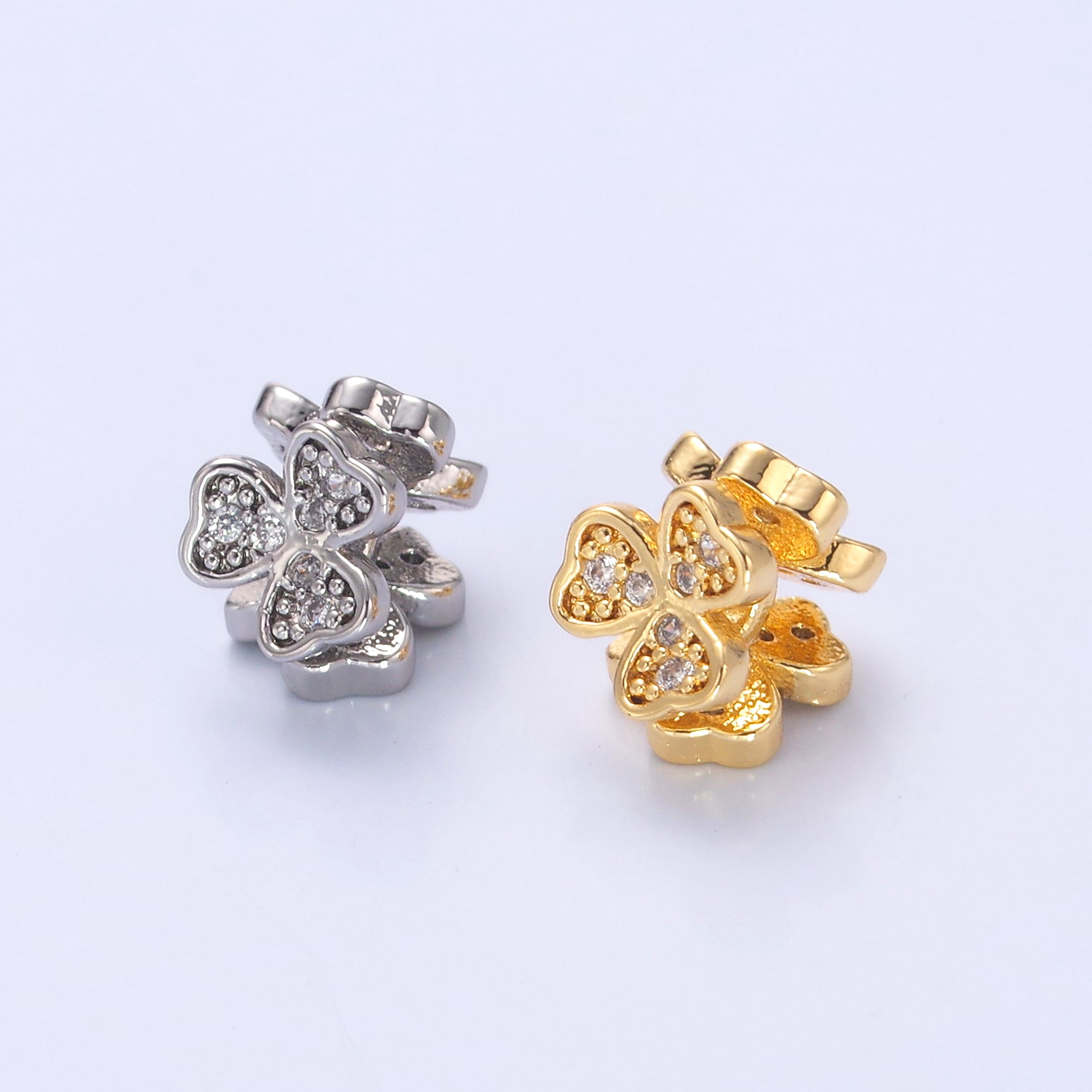 24K Gold plated Micro Paved CZ Clover Flower Bead in Gold & Silver | B647