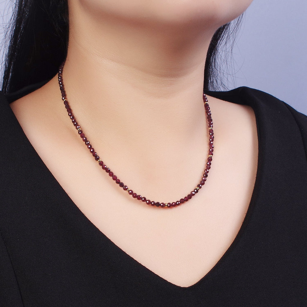 14K Gold plated 3.5mm Red Garnet Gemstone Bead 16 Inch Choker Necklace | WA-01282