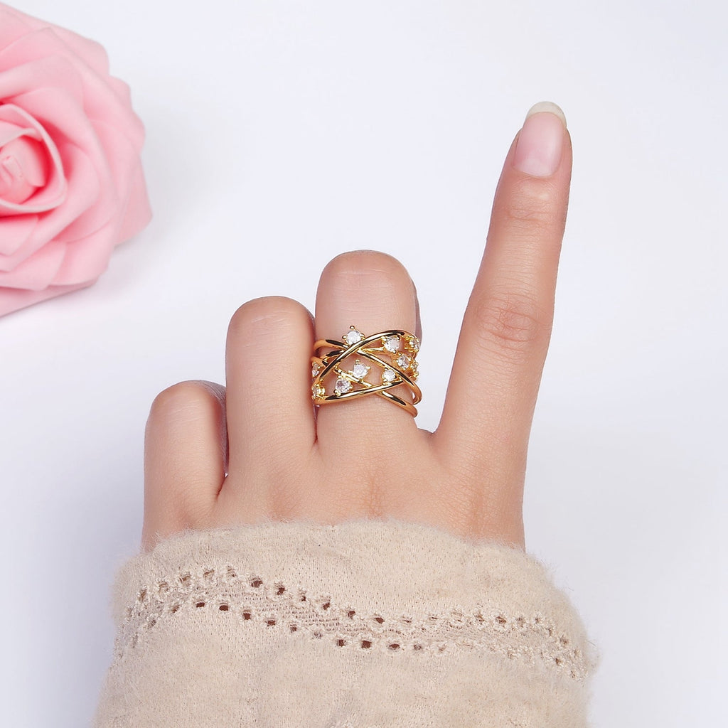 16K Gold plated Clear CZ Multiple Band Intertwined Statement Ring | O558 - DLUXCA