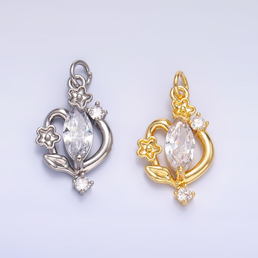 24K Gold plated Marquise CZ Vine Flower Charm in Gold & Silver | C031