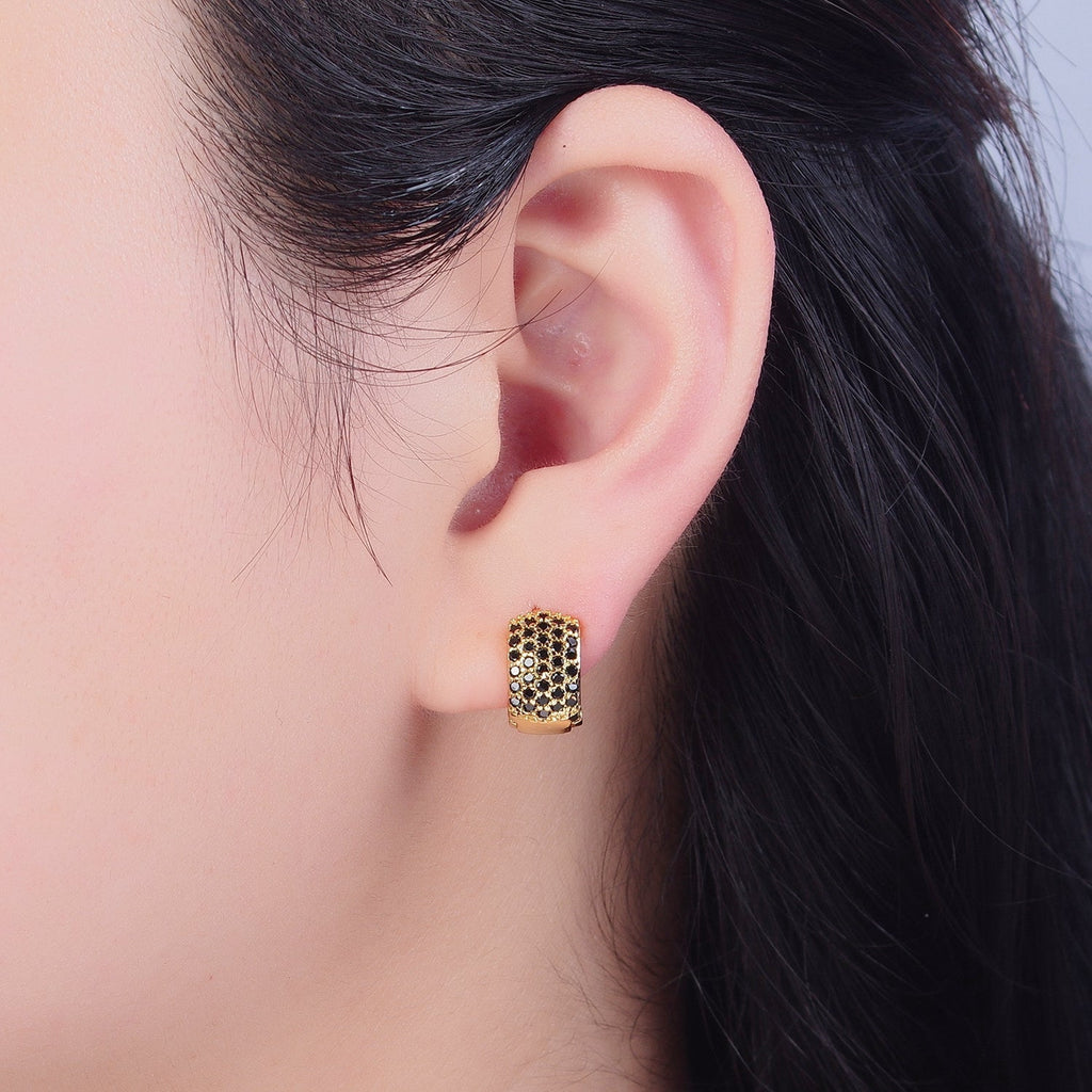 Black Pave Huggie Earring Chunky Black CZ Hoop Earring V-385 - DLUXCA