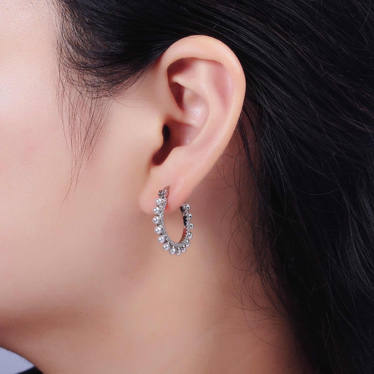 14K Gold plated 23.5mm Micro Paved CZ Shell Pearl Dotted Latch Hoop Earrings in Gold & Silver | AE993 AE994