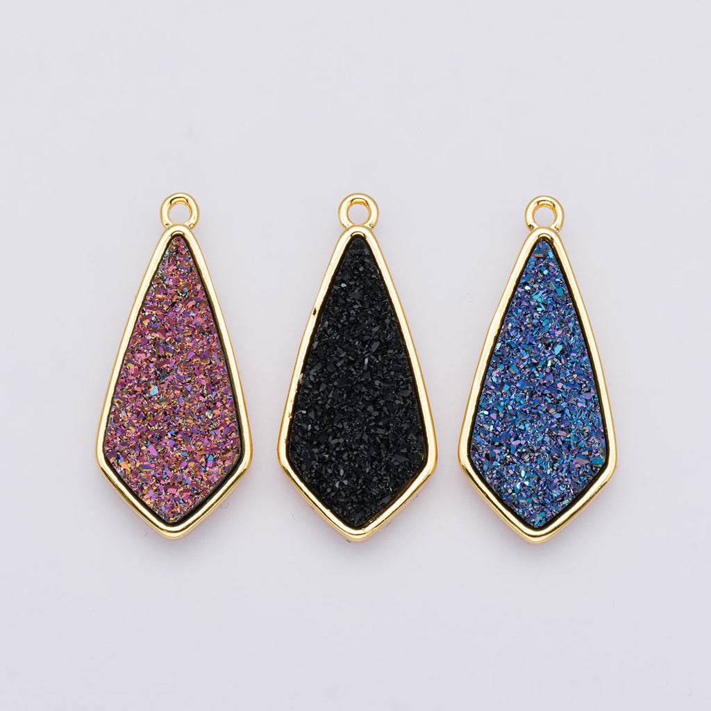 24K Gold plated 30mm Black, Blue, Purple Glitter Druzy Rhombus Geometric Charm | E00438