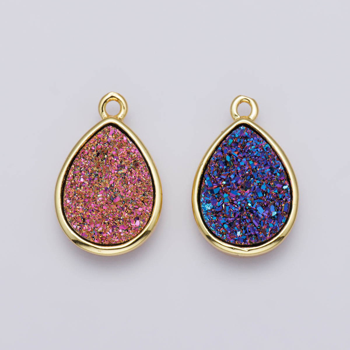 24K Gold plated 22mm Pink, Purple Glitter Druzy Teardrop Charm | E00439