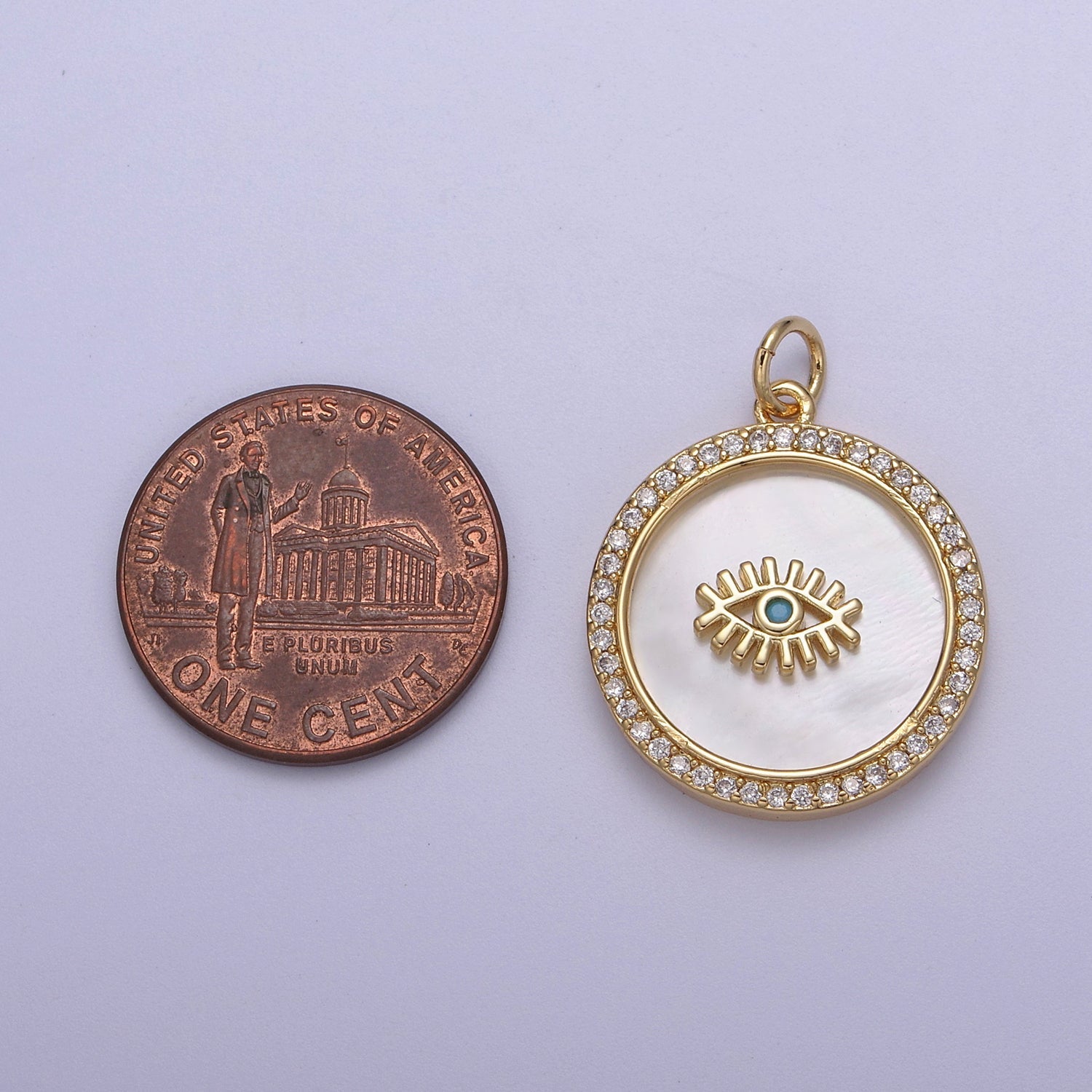 14K Gold plated Medallion Charm Mother of Pearl, Micro Pave Evil eye Pendant For Minimalist Jewelry - DLUXCA