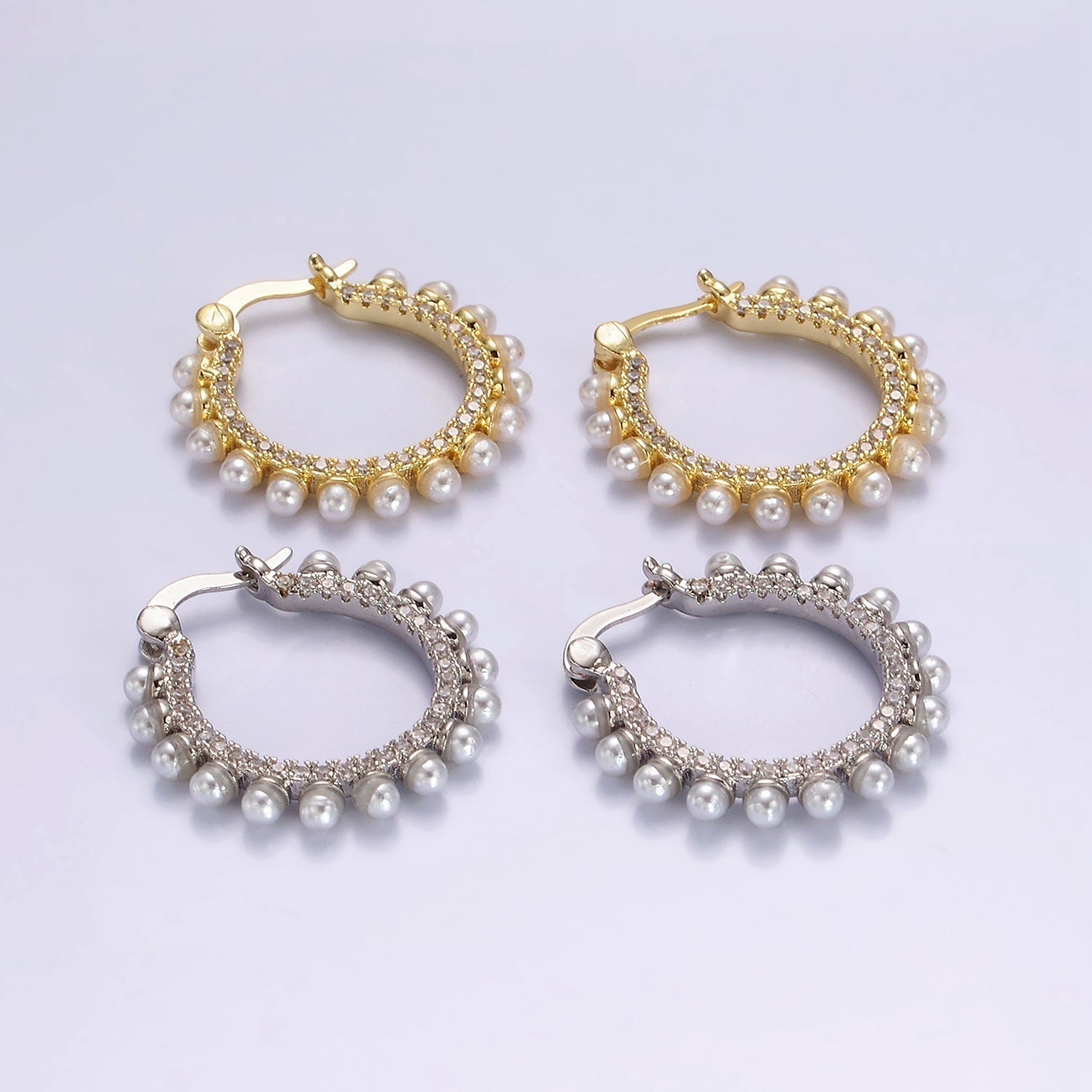 14K Gold plated 23.5mm Micro Paved CZ Shell Pearl Dotted Latch Hoop Earrings in Gold & Silver | AE993 AE994