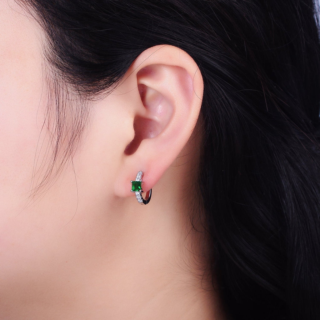 16K Gold plated Emerald Green Square CZ Micro Paved Cartilage Huggie Earrings in Gold & Silver | AB815 AB657