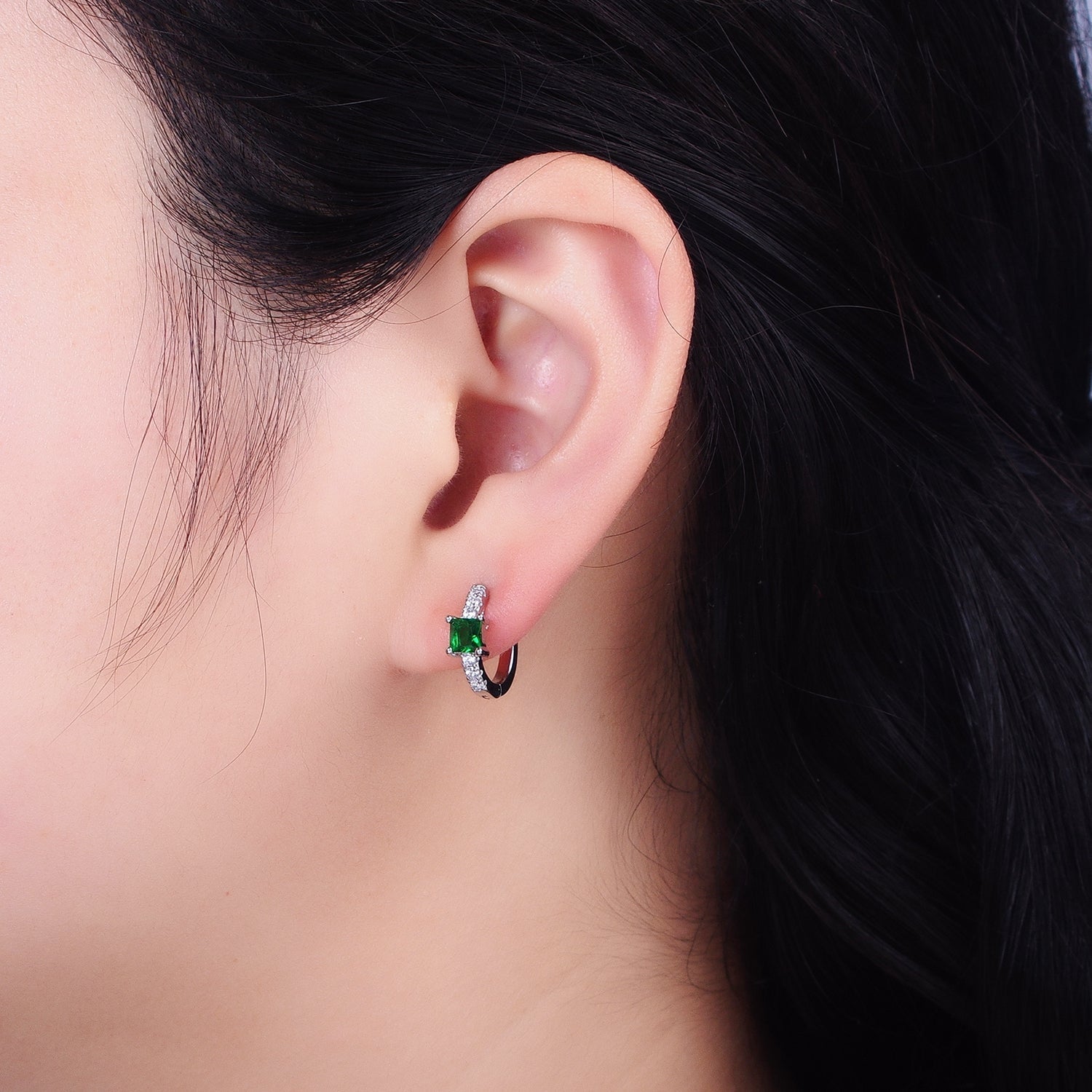 16K Gold plated Emerald Green Square CZ Micro Paved Cartilage Huggie Earrings in Gold & Silver | AB815 AB657