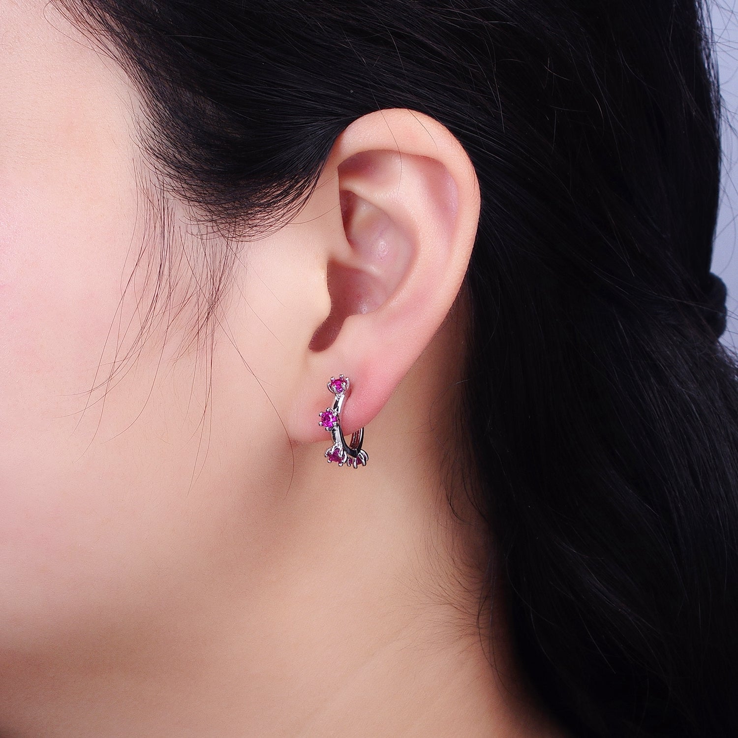 16K Gold plated 15.5mm Fuchsia CZ Dotted Outline Huggie Earrings in Silver & Gold | AB654 AD1300