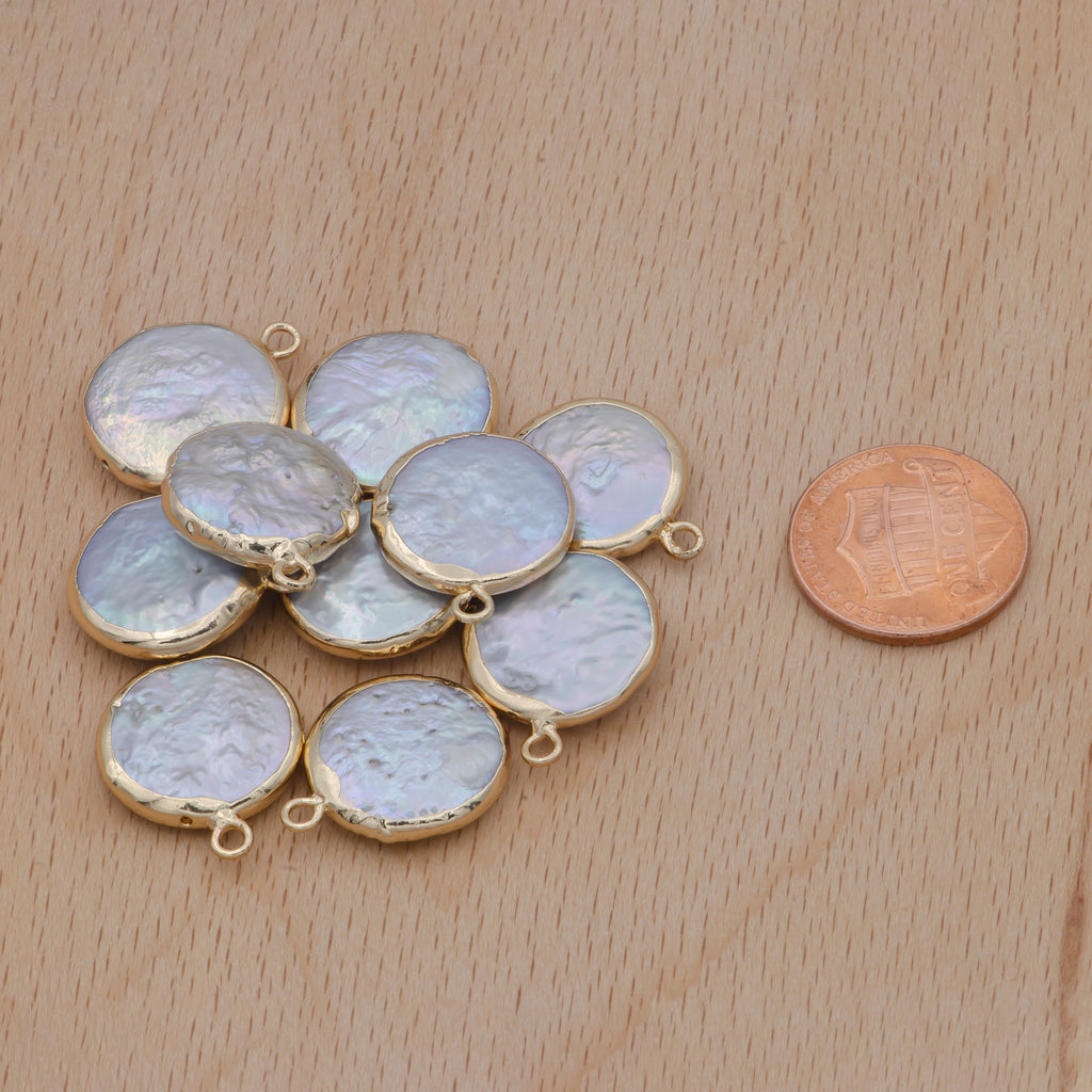 Natural Coin Pearl Charm 18mm Irregular Pearl Connector, Freeform Fresh Water Pearl Charm, Gold Plated Edged Pearl Jewelry Bulk - DLUXCA
