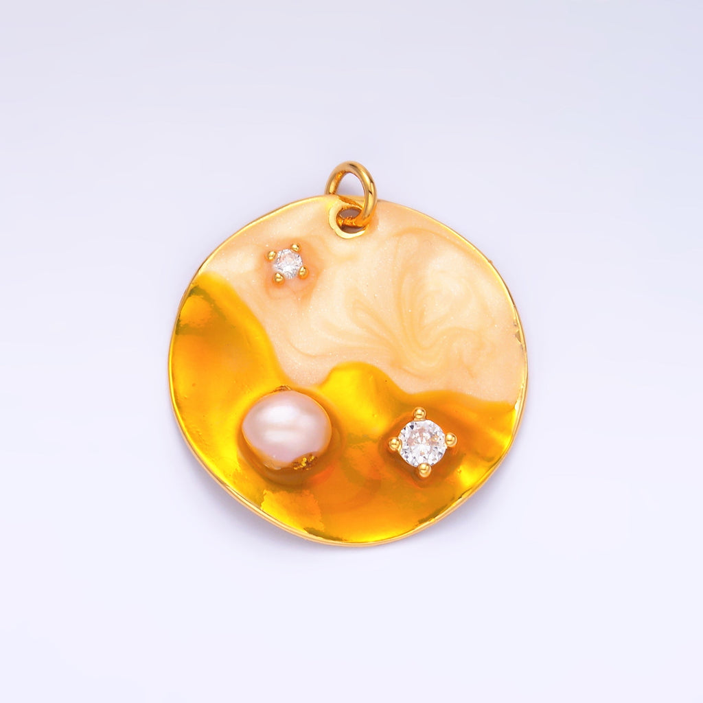 Yellow Gold Coin Charm enamel with pearl beads 24k Gold plated M-258