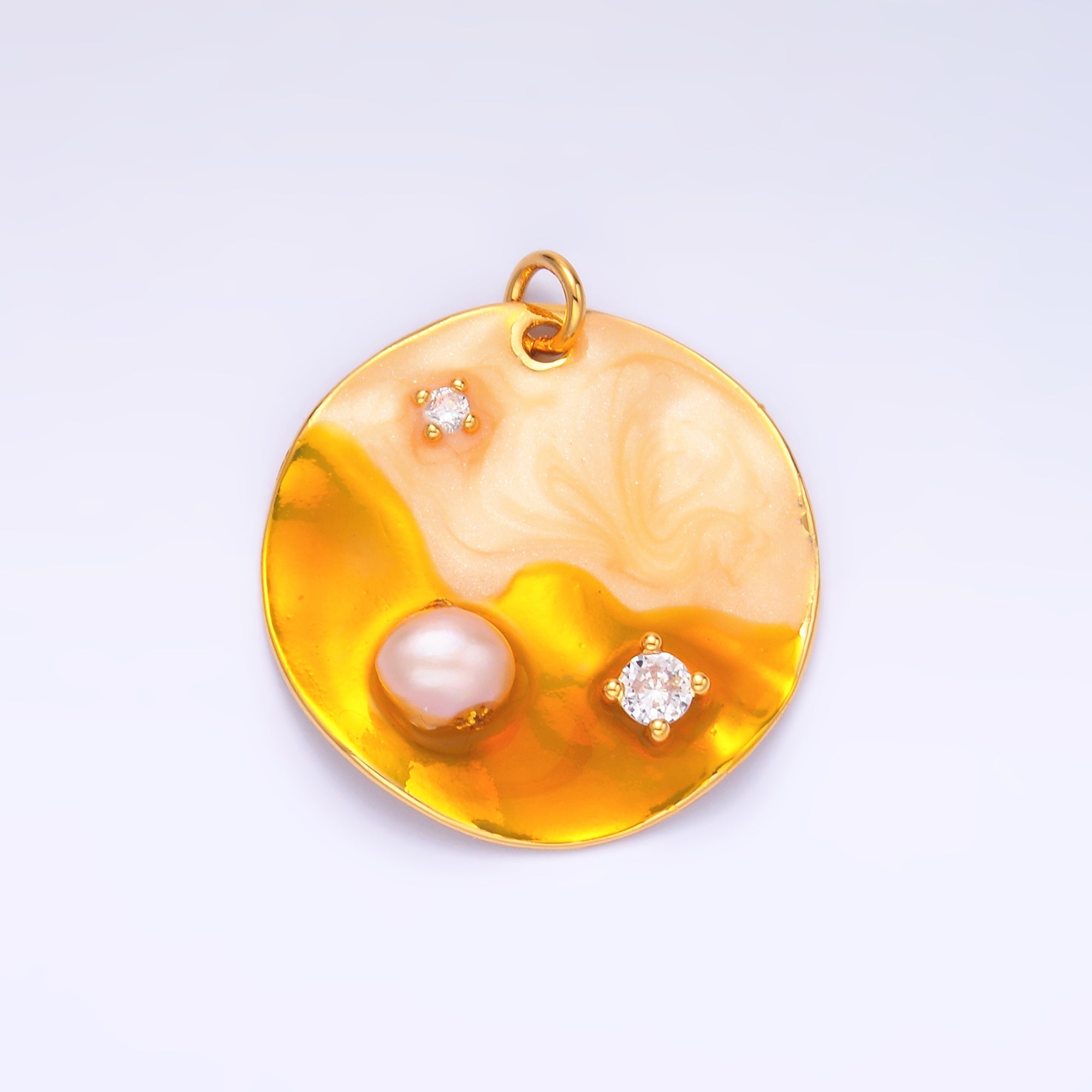 Yellow Gold Coin Charm enamel with pearl beads 24k Gold plated M-258