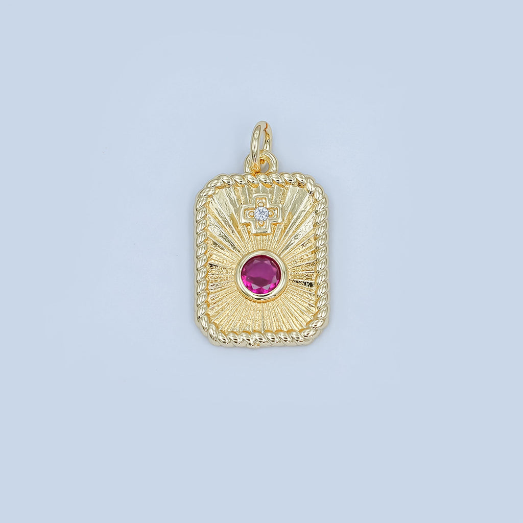 24K Gold plated Cross Red CZ Sunburst Twisted Bezel Charm | M625