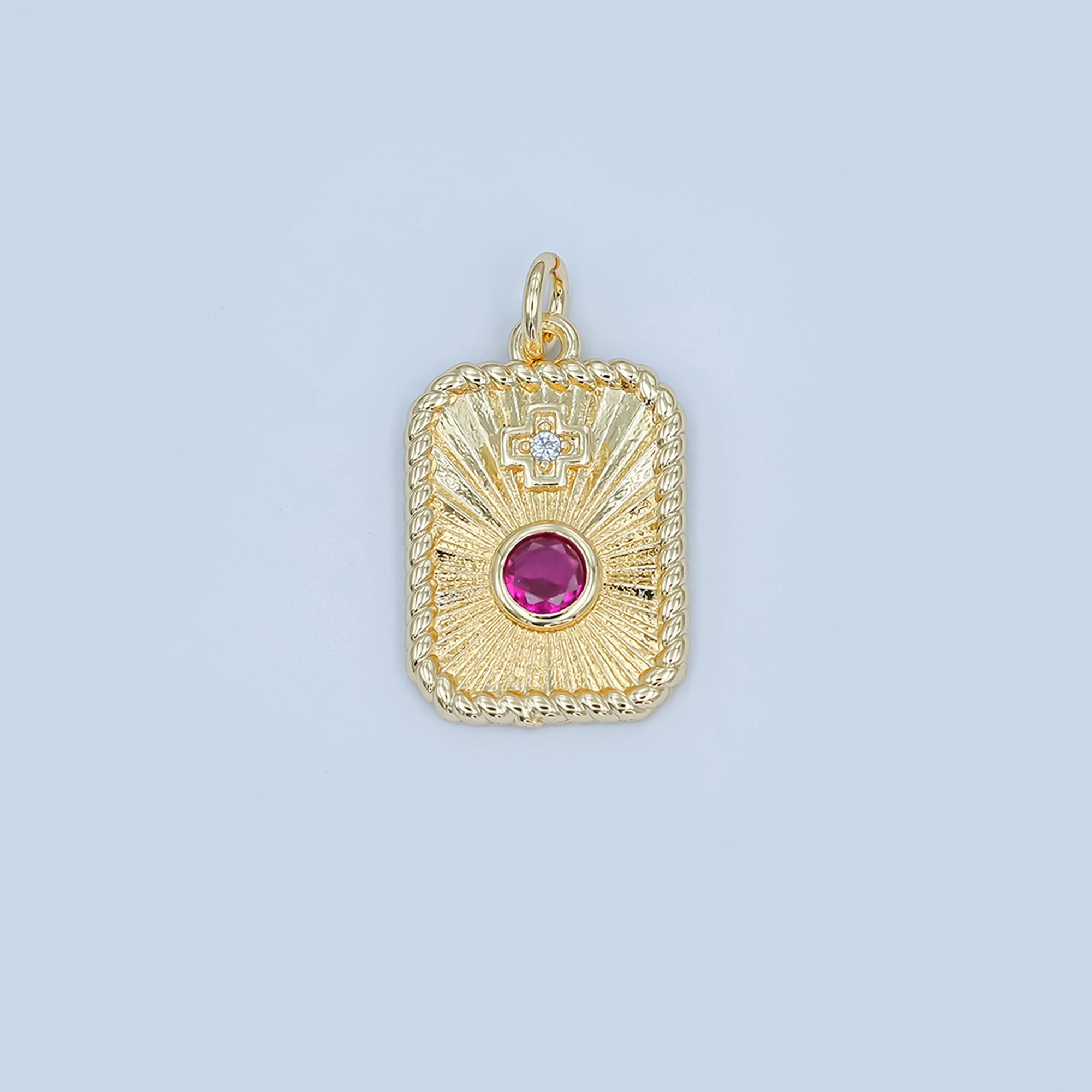 24K Gold plated Cross Red CZ Sunburst Twisted Bezel Charm | M625