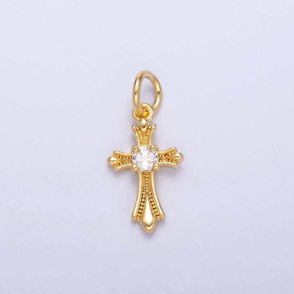 24K Gold plated CZ Fleur Cross Religious Charm in Gold & Silver | N002