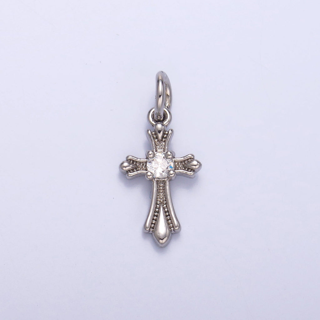 24K Gold plated CZ Fleur Cross Religious Charm in Gold & Silver | N002