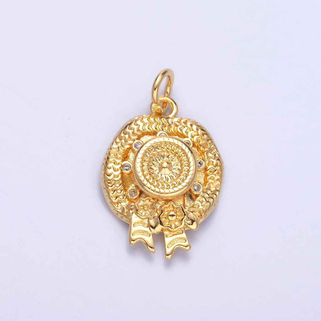 24K Gold plated Clear CZ Flower Woven Beach Hat Charm in Gold & Silver | N015