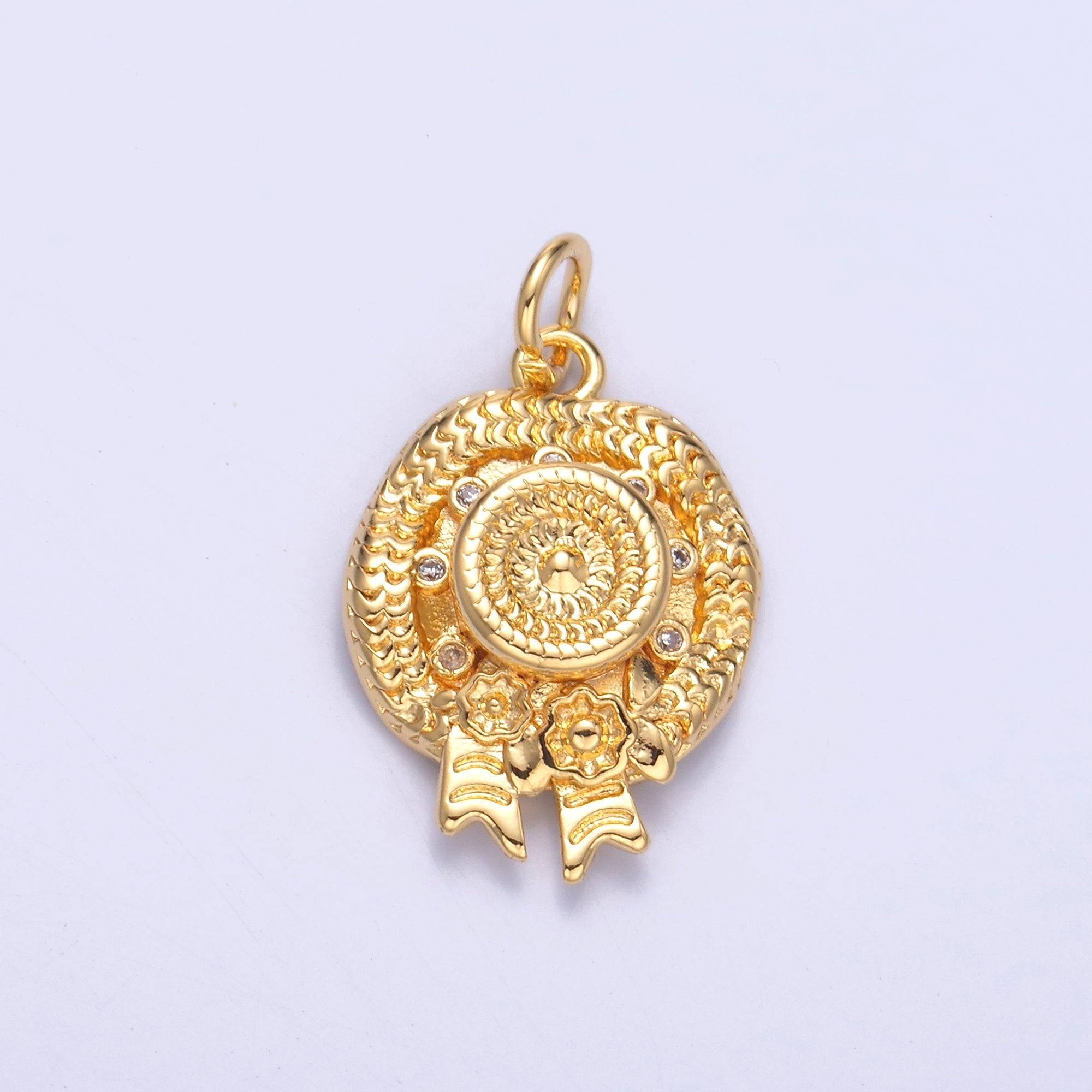 24K Gold plated Clear CZ Flower Woven Beach Hat Charm in Gold & Silver | N015