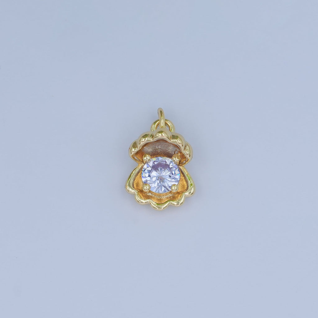 24K Gold plated 14.5mm CZ Sea Shell Clam 3D Multidimensional Charm | N033