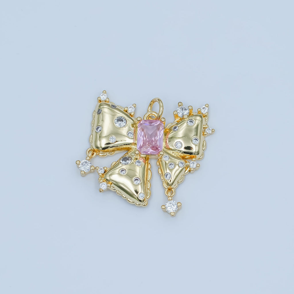 24K Gold plated Pink Baguette CZ Dotted Ribbon Bow Charm | N040