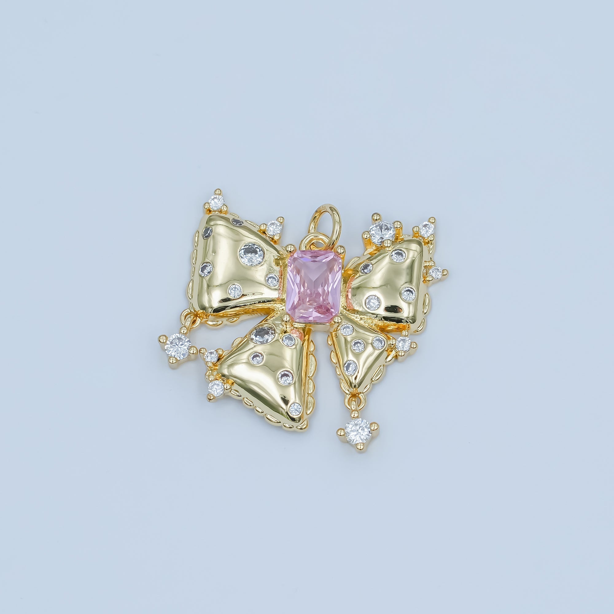 24K Gold plated Pink Baguette CZ Dotted Ribbon Bow Charm | N040