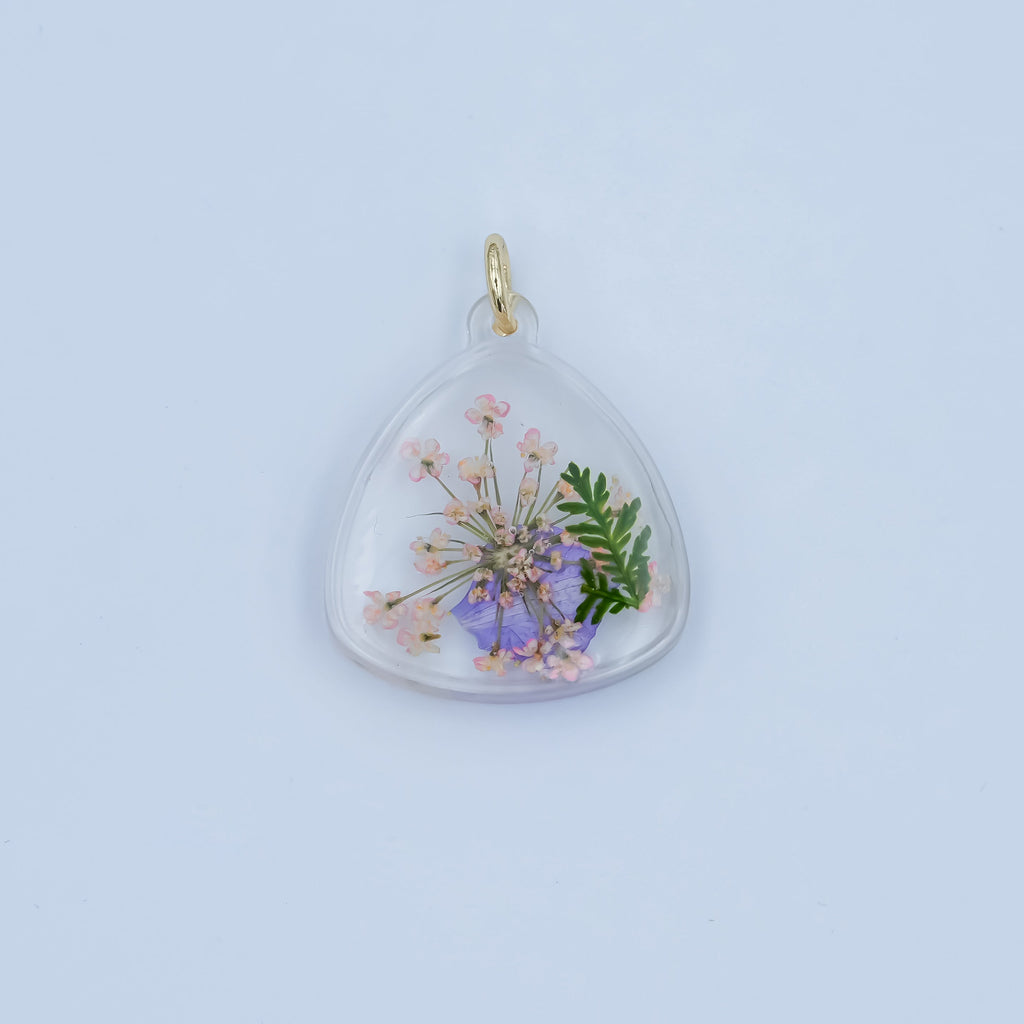 Handmade Pressed Blue Pink Flower Triangle Resin Charm | N060
