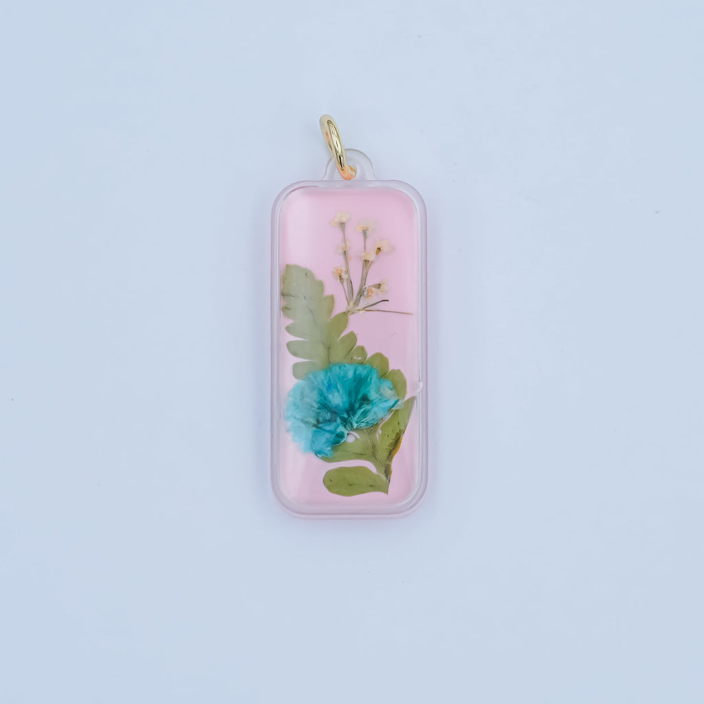 Handmade Pressed Blue Flower Pink Rectangular Resin Charm | N064