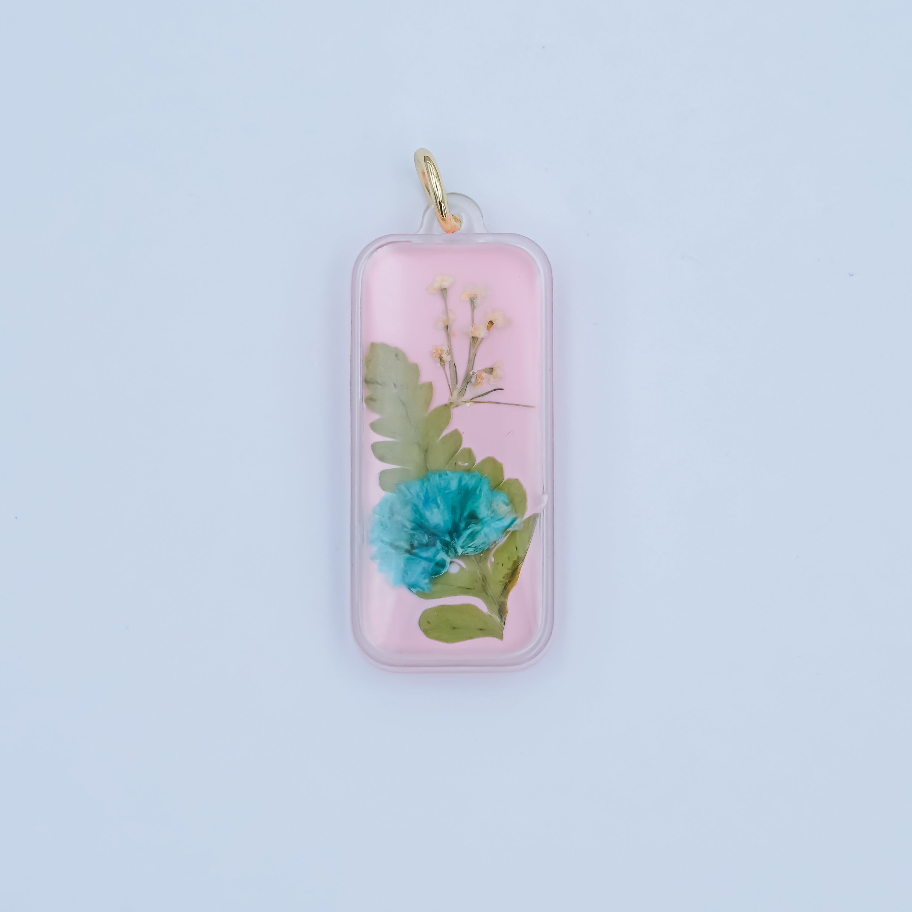 Handmade Pressed Blue Flower Pink Rectangular Resin Charm | N064