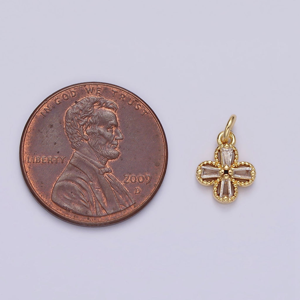 14K Gold plated Clear Baguette Open Beaded Quatrefoil Clover Mini Add-On Charm in Gold & Silver | N1093 N1138