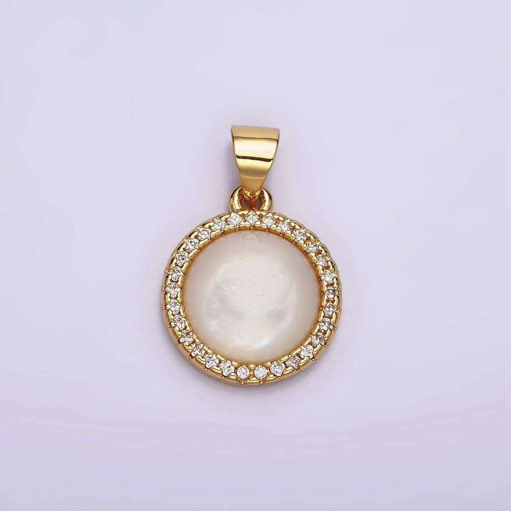 14K Gold plated 13mm Moonstone Gemstone Micro Paved CZ Round Pendant | N1937