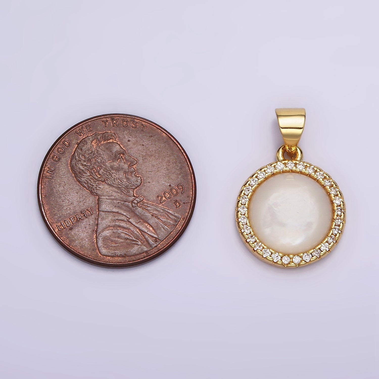 14K Gold plated 13mm Moonstone Gemstone Micro Paved CZ Round Pendant | N1937