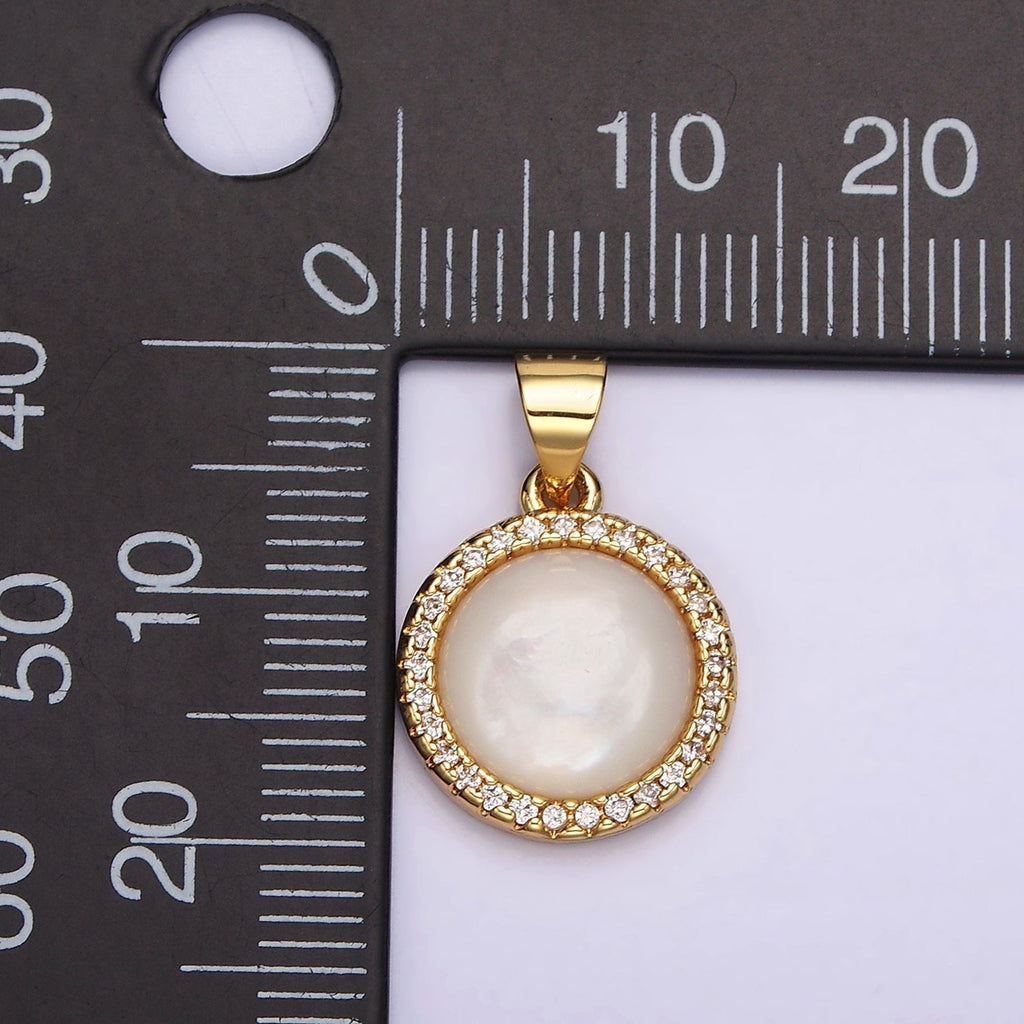 14K Gold plated 13mm Moonstone Gemstone Micro Paved CZ Round Pendant | N1937