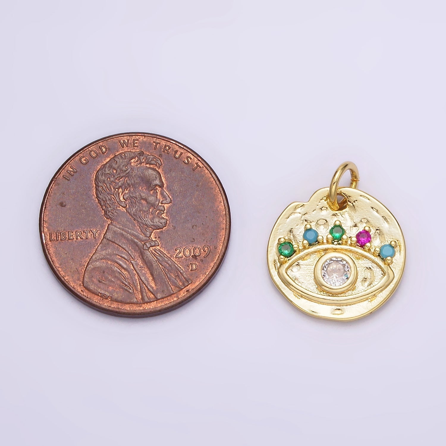 14K Gold plated Clear Evil Eye Multicolor CZ Lash Hammered Round Charm | N991 - DLUXCA
