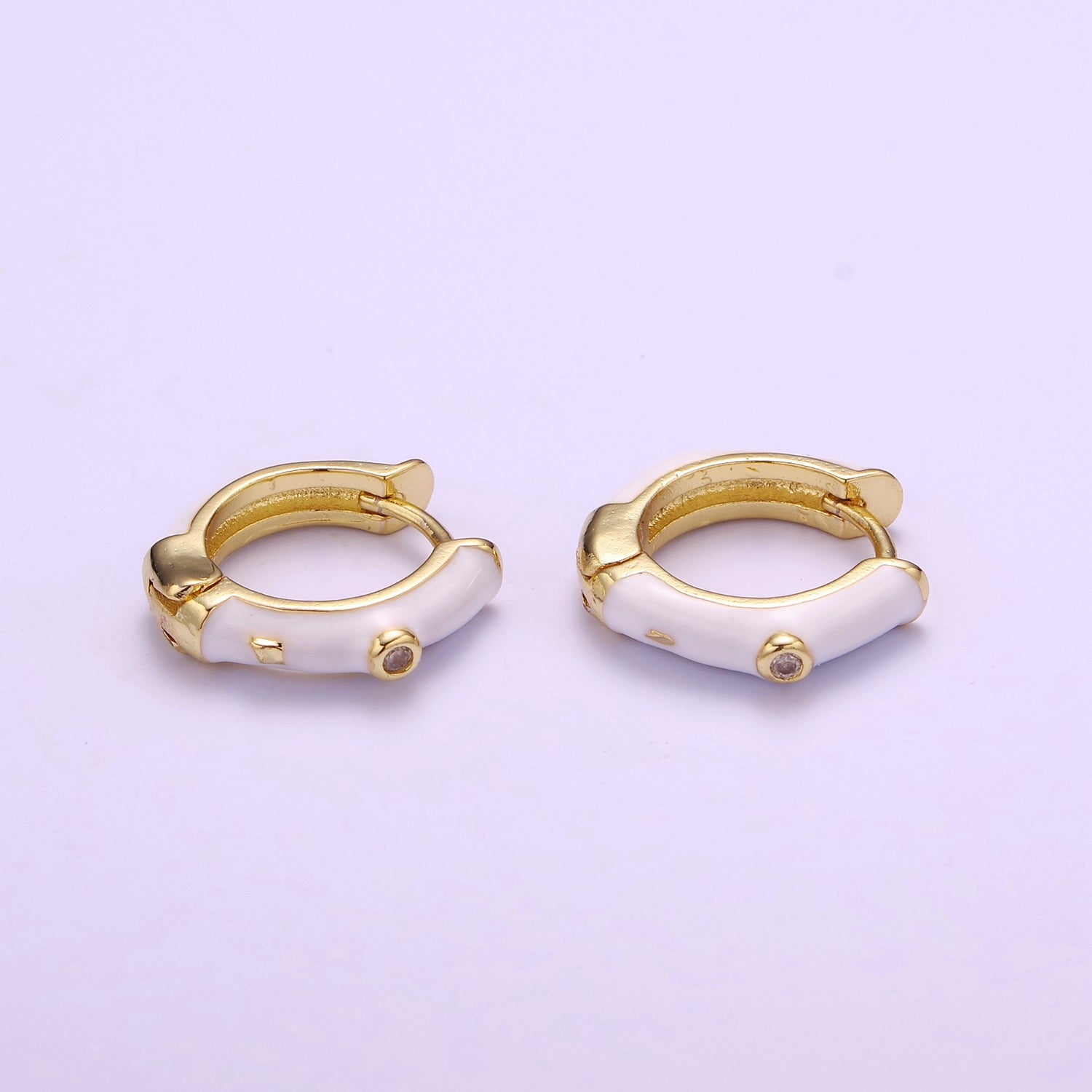 14mm Clear CZ Round White Enamel Geometric Huggie Earring | P102