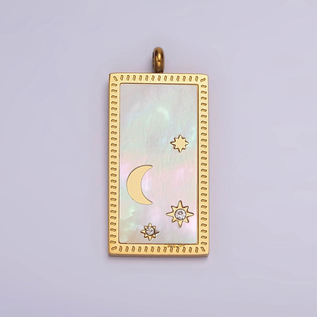 Stainless Steel 30mm Celestial Crescent Moon Star Shell Pearl Rectangular Tag Charm in Gold & Silver | P-669 P-670