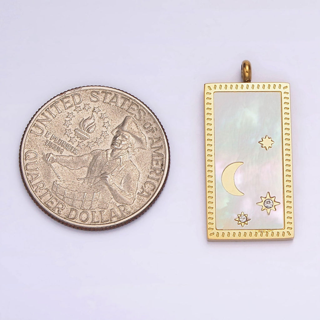 Stainless Steel 30mm Celestial Crescent Moon Star Shell Pearl Rectangular Tag Charm in Gold & Silver | P-669 P-670