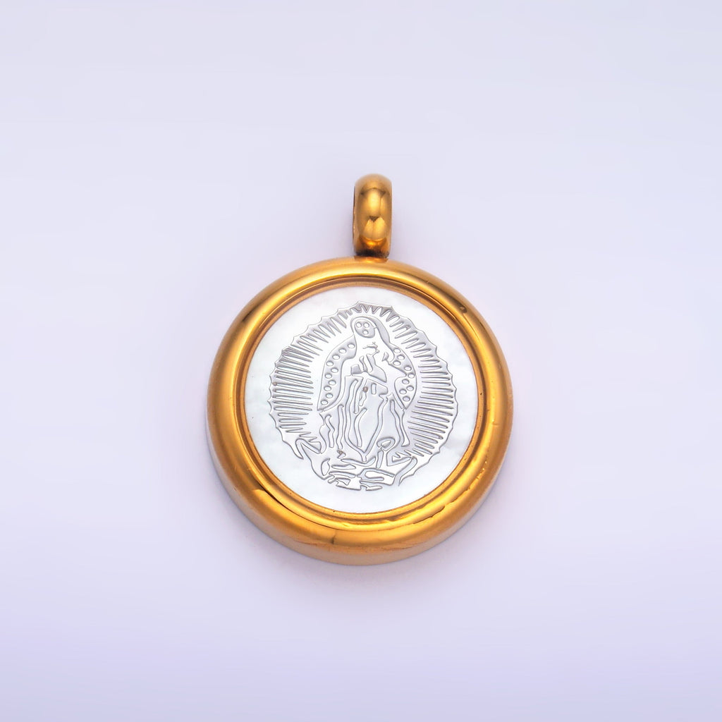 Stainless Steel Religious Mother Mary Shell Pearl Round Pendant | P833